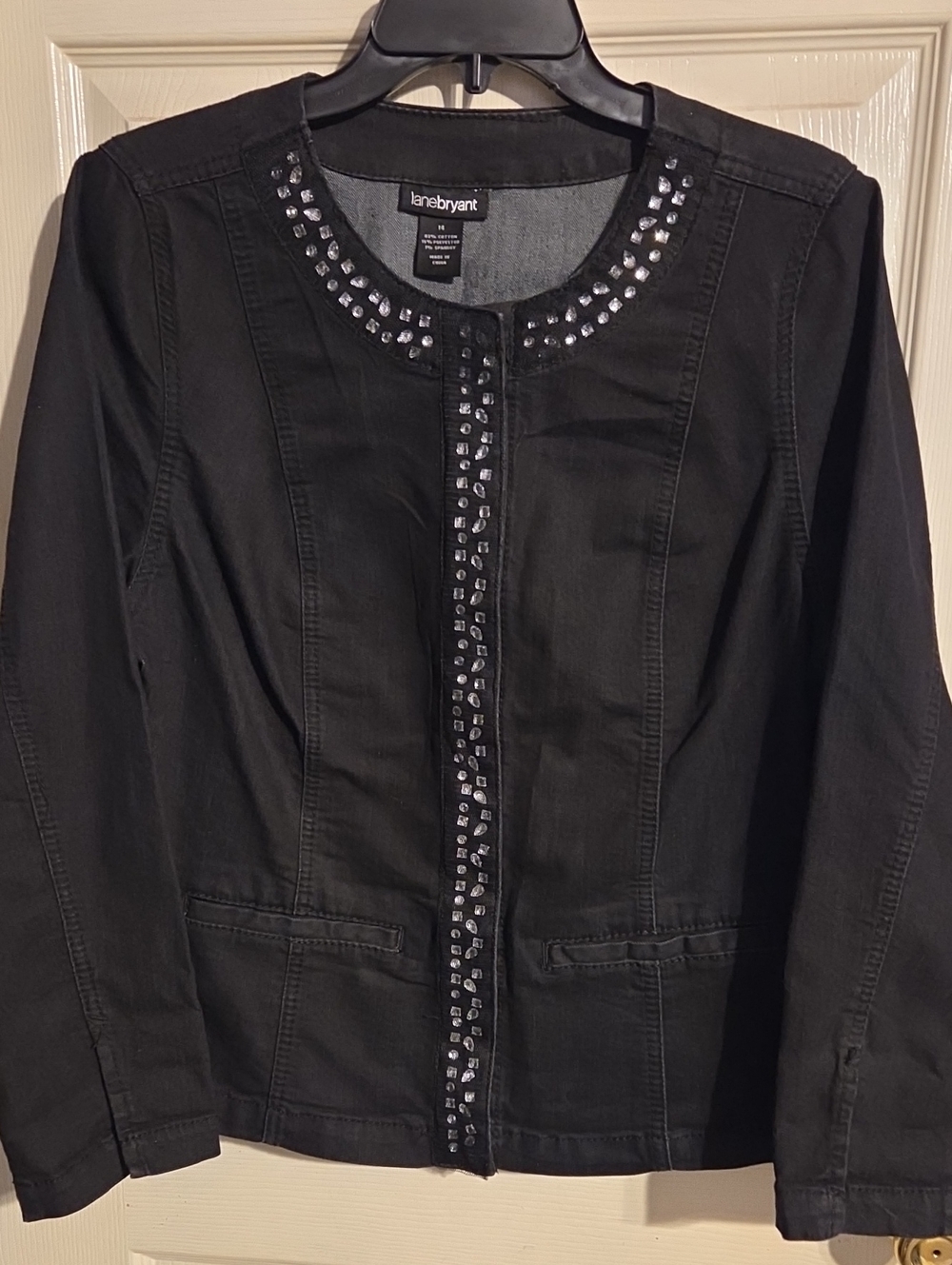 Lane Bryant Black Jewel-Trim Crewneck Denim Jacket
